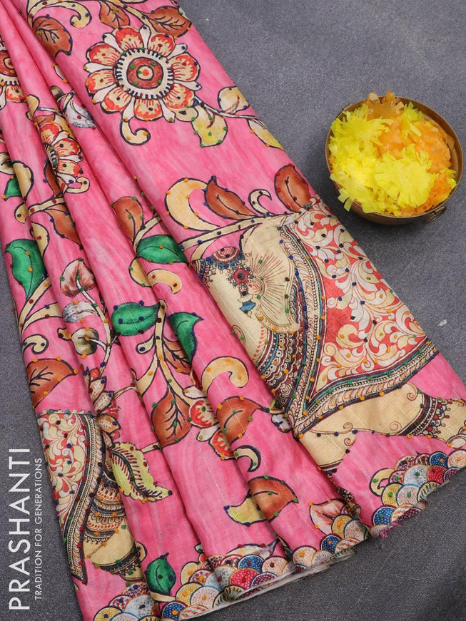 Semi tussar saree pink with kalamkari prints & french knot work and printed border - {{ collection.title }} by Prashanti Sarees