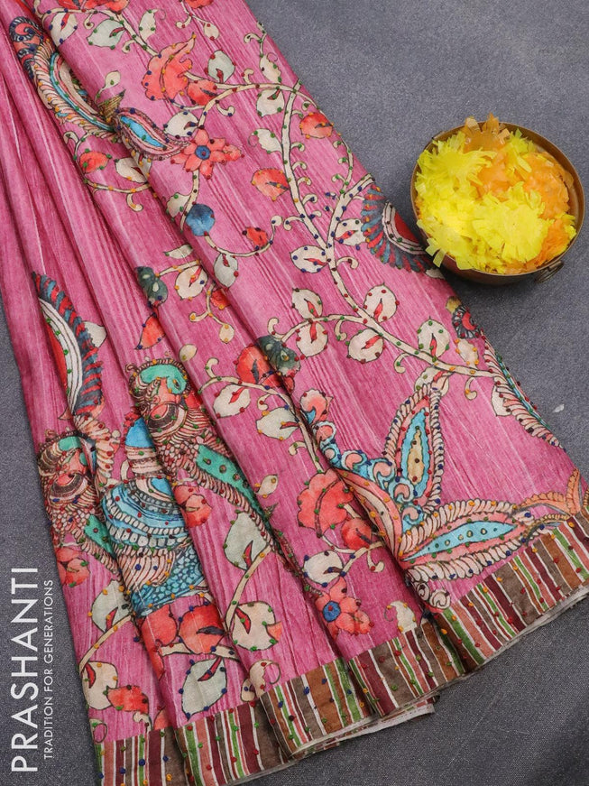 Semi tussar saree pink with kalamkari prints & french knot work and simple border - {{ collection.title }} by Prashanti Sarees