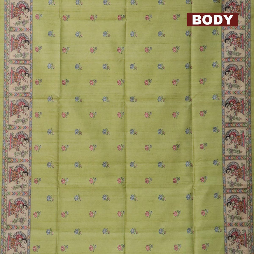 Semi tussar saree pista green and beige with madhubani butta prints and madhubani printed border - {{ collection.title }} by Prashanti Sarees