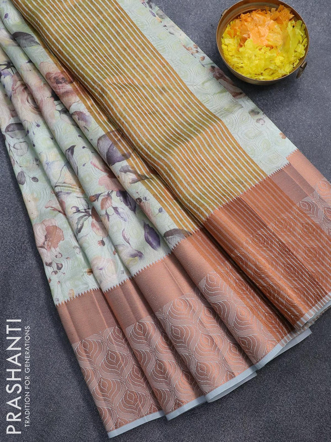 Semi tussar saree pista green and pastel grey with allover self emboss & floral digital prints and copper zari woven border - {{ collection.title }} by Prashanti Sarees