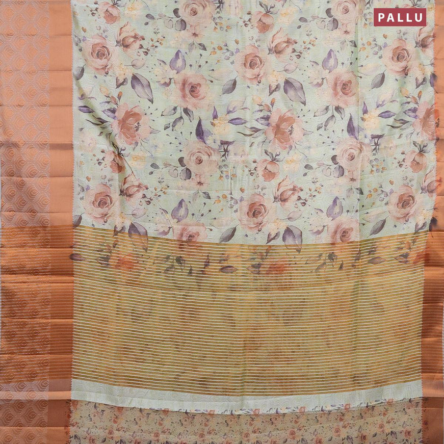 Semi tussar saree pista green and pastel grey with allover self emboss & floral digital prints and copper zari woven border - {{ collection.title }} by Prashanti Sarees