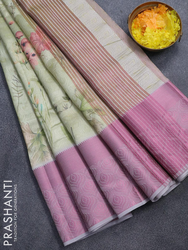 Semi tussar saree pista green and pastel grey with allover self emboss & floral digital prints and pink zari woven border - {{ collection.title }} by Prashanti Sarees