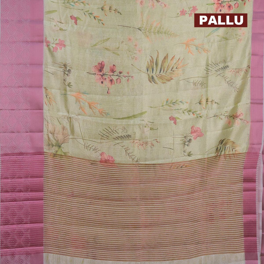 Semi tussar saree pista green and pastel grey with allover self emboss & floral digital prints and pink zari woven border - {{ collection.title }} by Prashanti Sarees