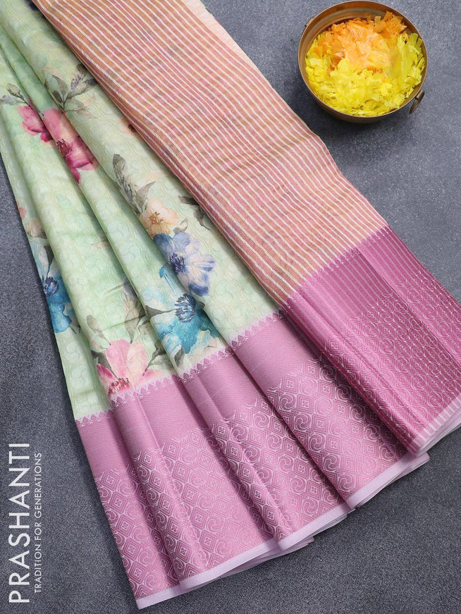 Semi tussar saree pista green and pastel pink with allover self emboss & floral digital prints and pink zari woven border - {{ collection.title }} by Prashanti Sarees