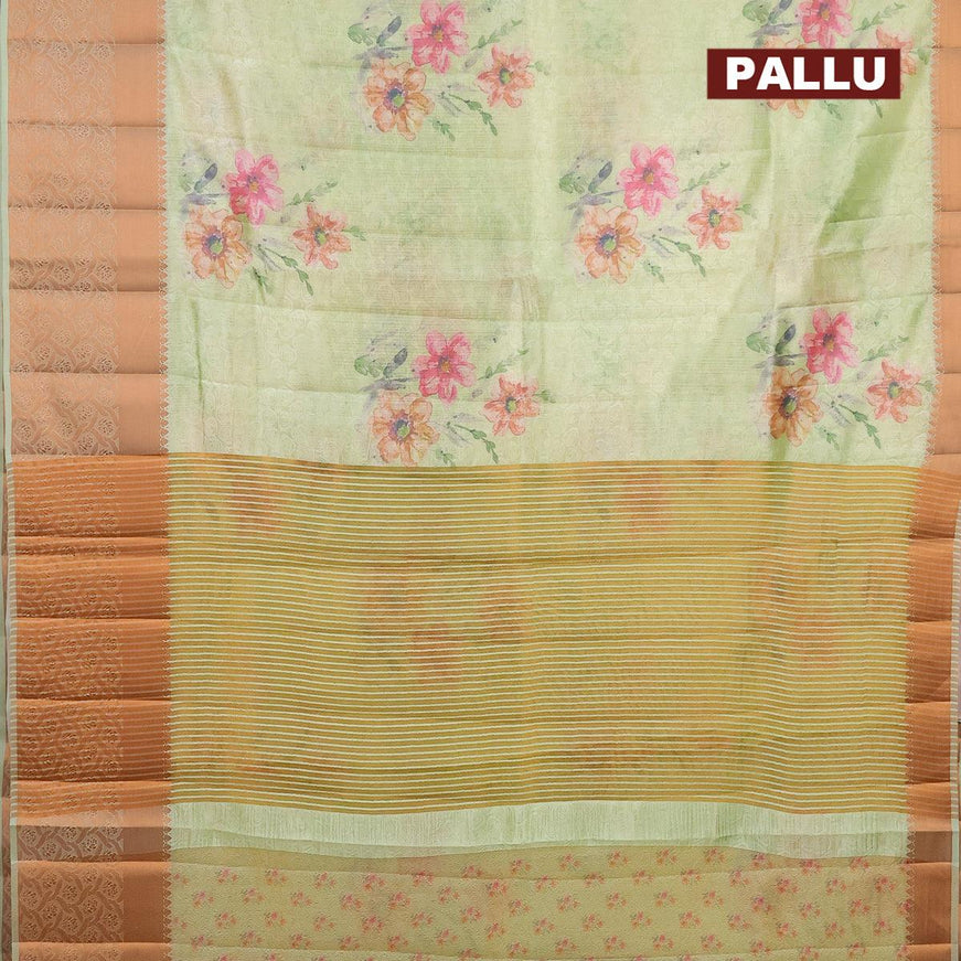 Semi tussar saree pista green with allover self emboss & floral digital prints and copper zari woven border - {{ collection.title }} by Prashanti Sarees