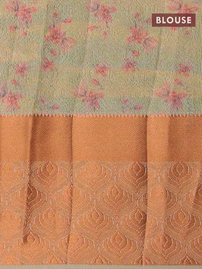 Semi tussar saree pista green with allover self emboss & floral digital prints and copper zari woven border - {{ collection.title }} by Prashanti Sarees