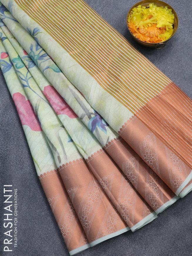 Semi tussar saree pista green with allover self emboss & floral digital prints and long copper zari woven border - {{ collection.title }} by Prashanti Sarees