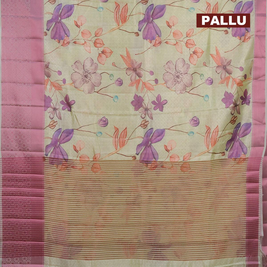 Semi tussar saree pista green with allover self emboss & floral digital prints and pink zari woven border - {{ collection.title }} by Prashanti Sarees