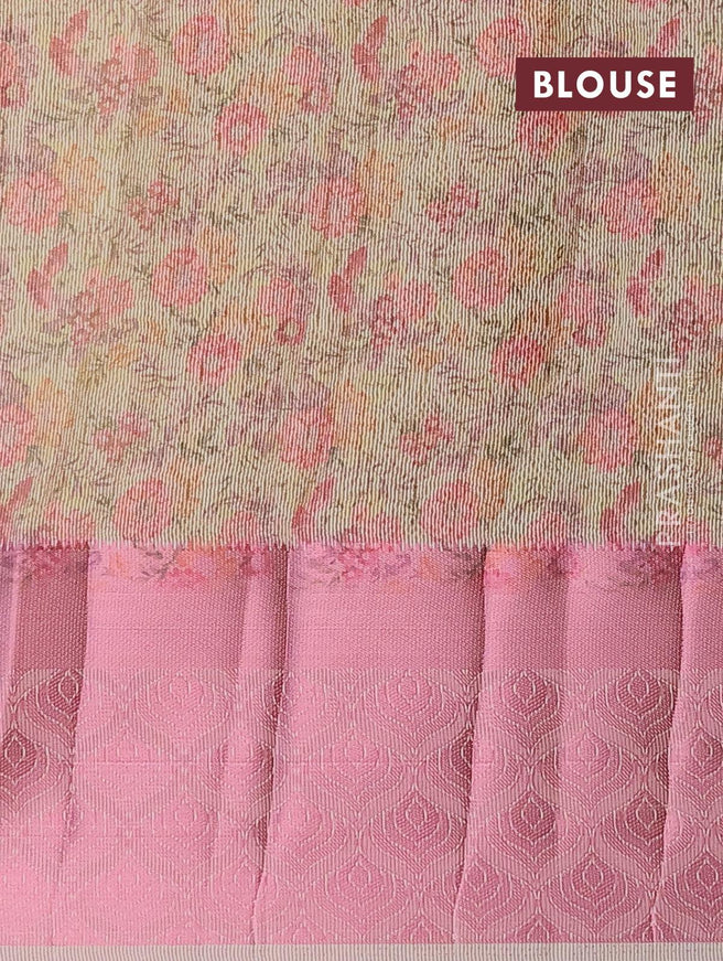 Semi tussar saree pista green with allover self emboss & floral digital prints and pink zari woven border - {{ collection.title }} by Prashanti Sarees