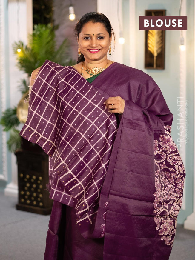 Semi tussar saree purple with kantha & french knot work in borderless style - {{ collection.title }} by Prashanti Sarees
