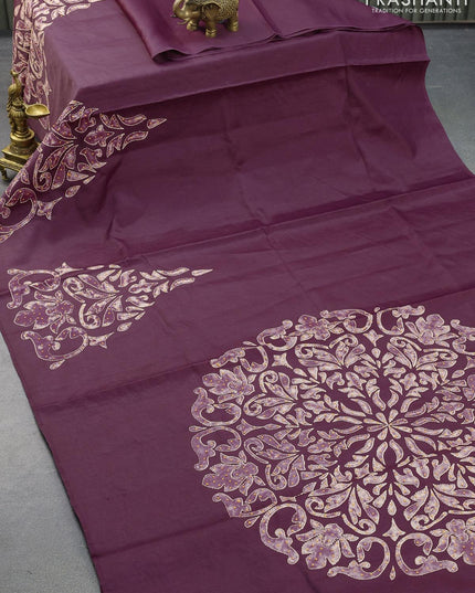 Semi tussar saree purple with kantha & french knot work in borderless style - {{ collection.title }} by Prashanti Sarees