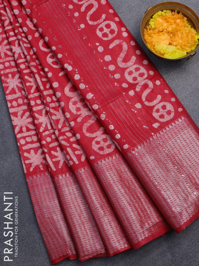 Semi tussar saree red with allover batik prints & sequin work pallu and long silver zari woven border - {{ collection.title }} by Prashanti Sarees