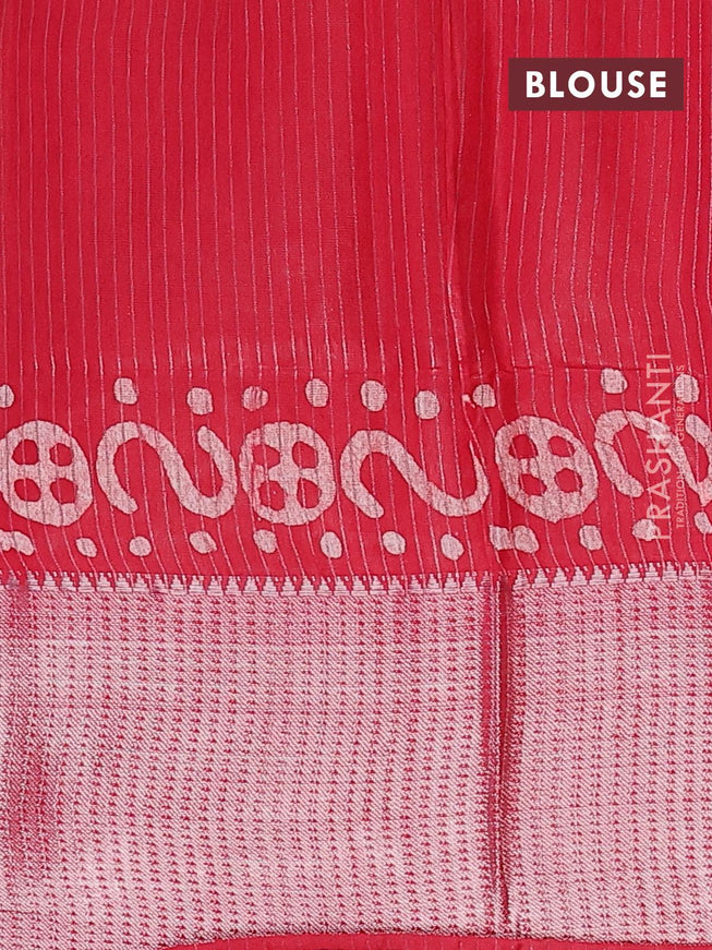Semi tussar saree red with allover batik prints & sequin work pallu and long silver zari woven border - {{ collection.title }} by Prashanti Sarees