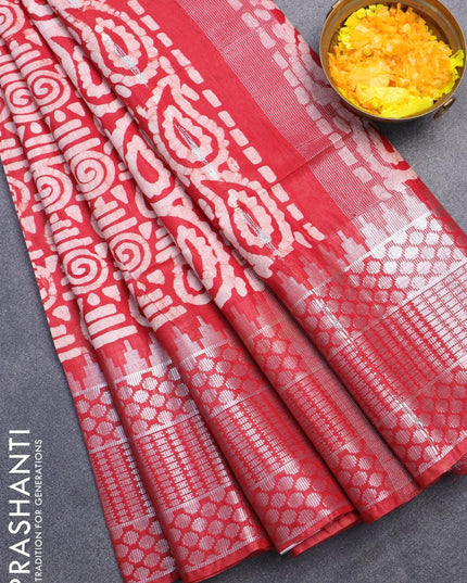 Semi tussar saree red with allover batik prints & sequin work pallu and long temple design silver zari woven border - {{ collection.title }} by Prashanti Sarees
