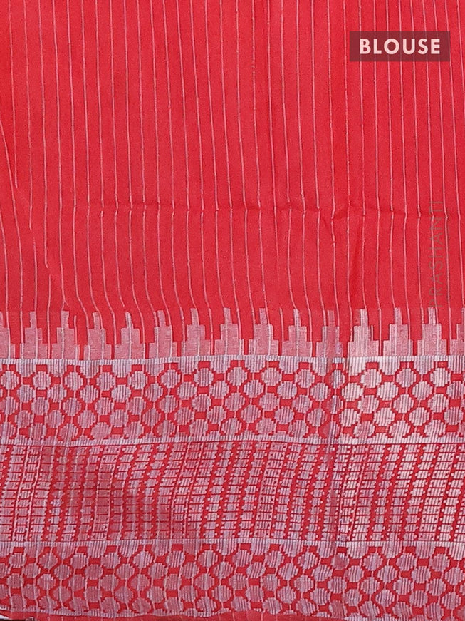 Semi tussar saree red with allover batik prints & sequin work pallu and long temple design silver zari woven border - {{ collection.title }} by Prashanti Sarees