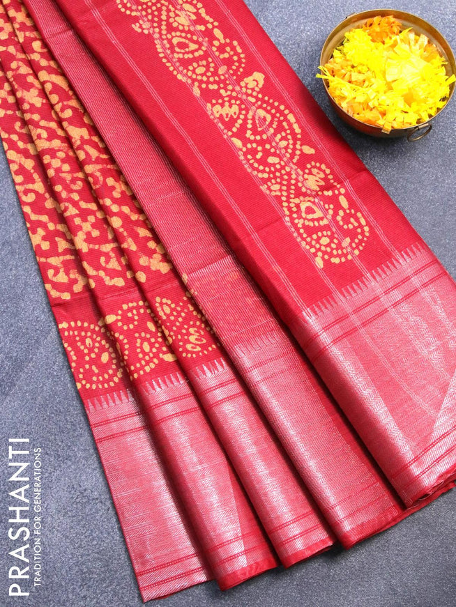 Semi tussar saree red with allover batik prints and silver zari woven kanjivaram style border - {{ collection.title }} by Prashanti Sarees