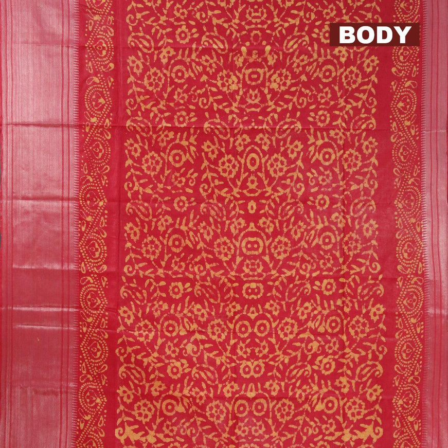 Semi tussar saree red with allover batik prints and silver zari woven kanjivaram style border - {{ collection.title }} by Prashanti Sarees