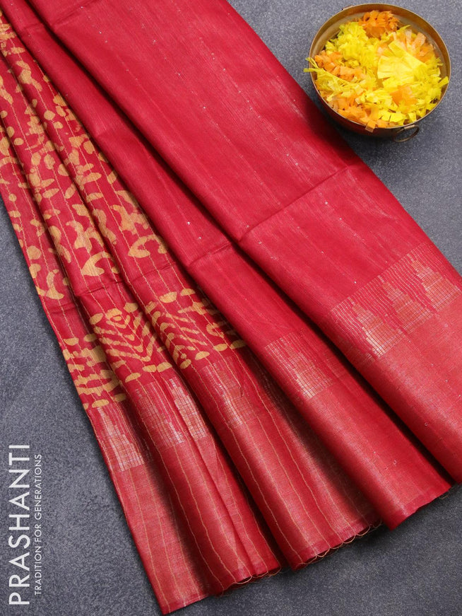 Semi tussar saree red with allover batik prints and zari woven kanjivaram style border - {{ collection.title }} by Prashanti Sarees