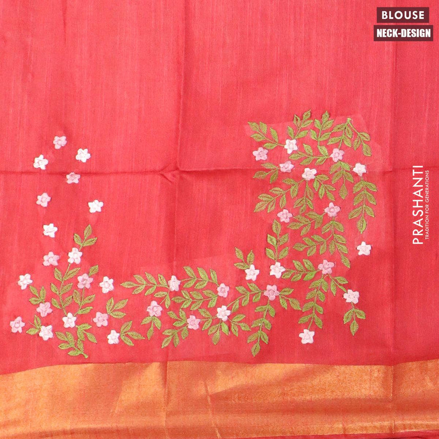 Semi tussar saree red with allover stripes pattern and seperate embroidery work blouse - {{ collection.title }} by Prashanti Sarees