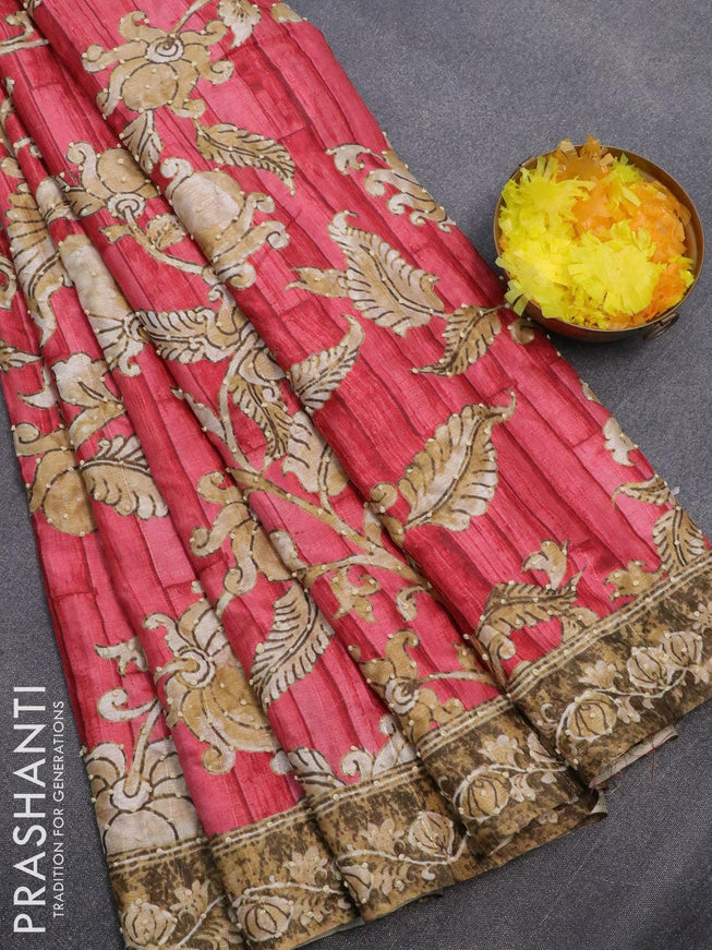 Semi tussar saree red with kalamkari prints & french knot work and printed border - {{ collection.title }} by Prashanti Sarees