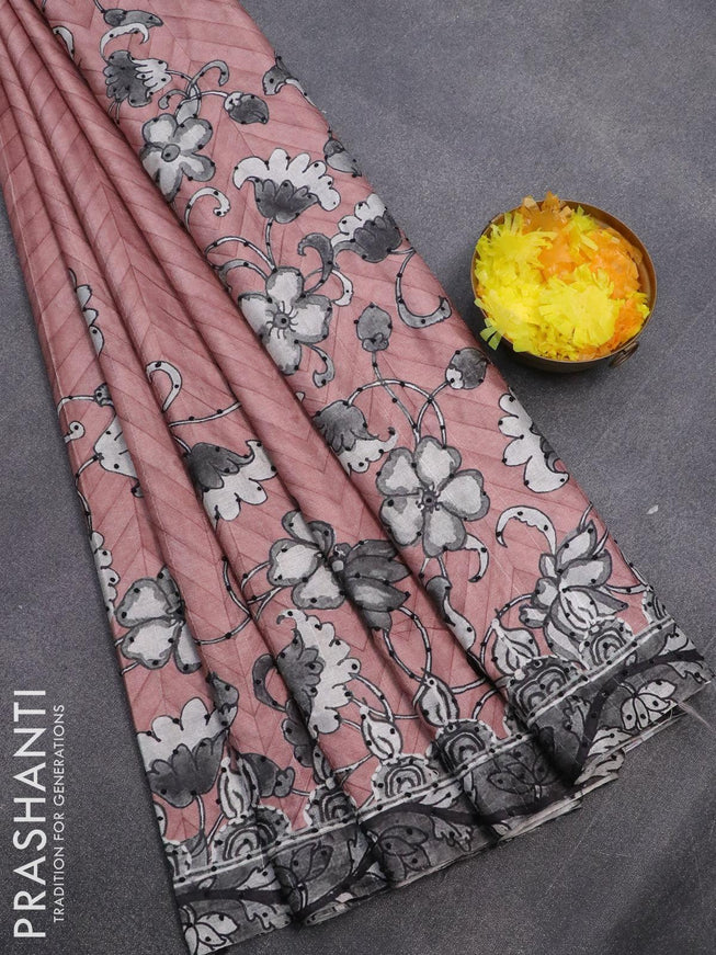 Semi tussar saree rosy brown and grey with kalamkari prints & french knot work and printed border - {{ collection.title }} by Prashanti Sarees