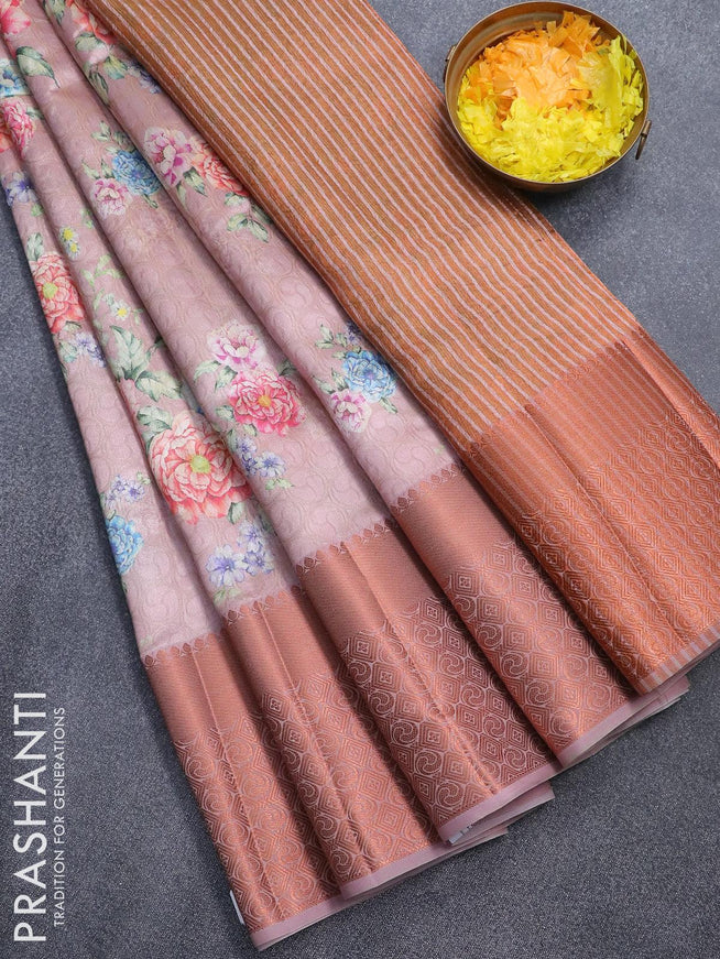 Semi tussar saree rosy brown with allover self emboss & floral digital prints and copper zari woven border - {{ collection.title }} by Prashanti Sarees