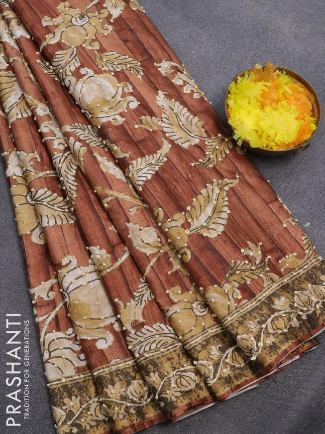 Semi tussar saree rustic brown with kalamkari prints & french knot work and printed border - {{ collection.title }} by Prashanti Sarees