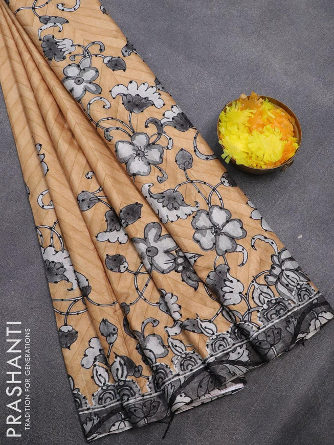Semi tussar saree sandal and grey with kalamkari prints & french knot work and printed border - {{ collection.title }} by Prashanti Sarees