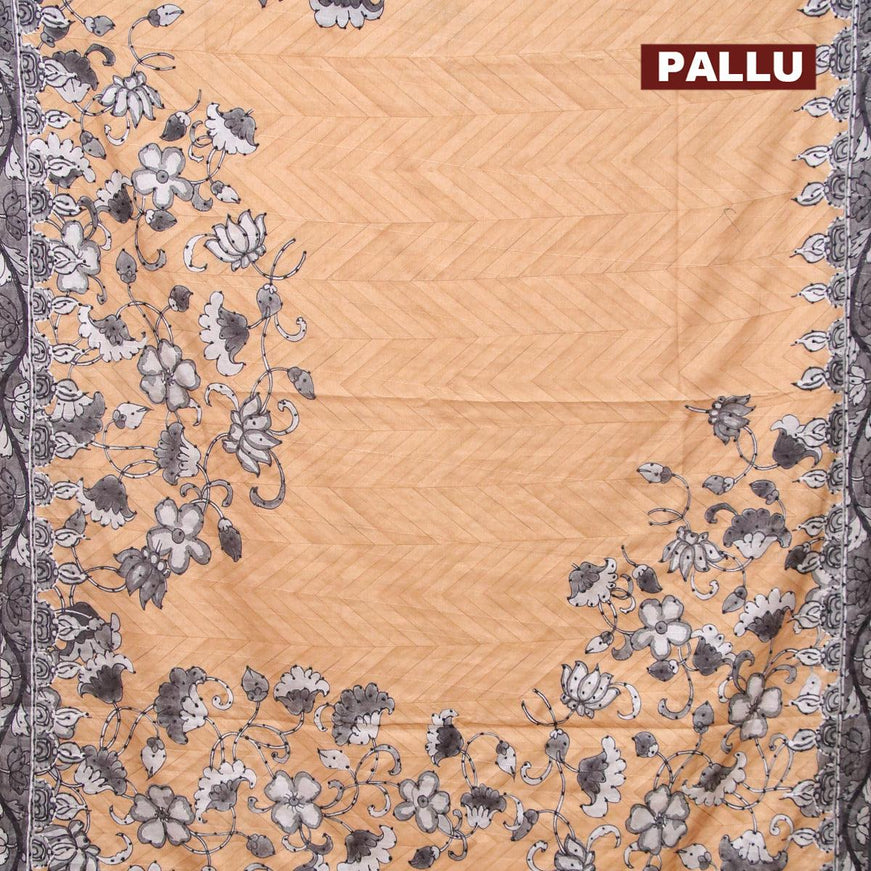 Semi tussar saree sandal and grey with kalamkari prints & french knot work and printed border - {{ collection.title }} by Prashanti Sarees