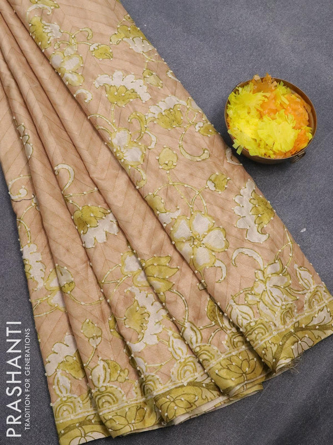 Semi tussar saree sandal and lime green with kalamkari prints & french knot work and printed border - {{ collection.title }} by Prashanti Sarees