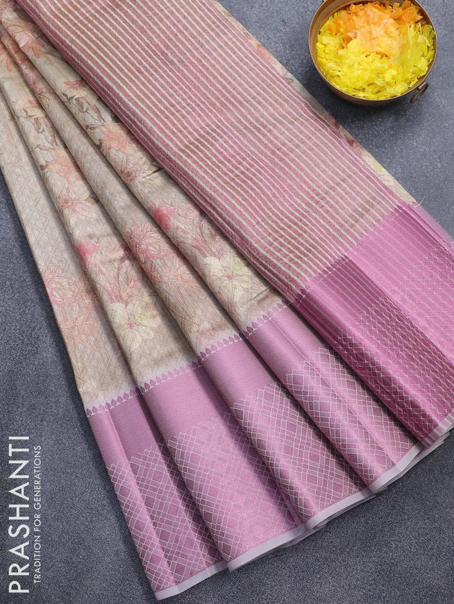 Semi tussar saree sandal and pastel pink with allover self emboss & floral digital prints and pink zari woven border - {{ collection.title }} by Prashanti Sarees