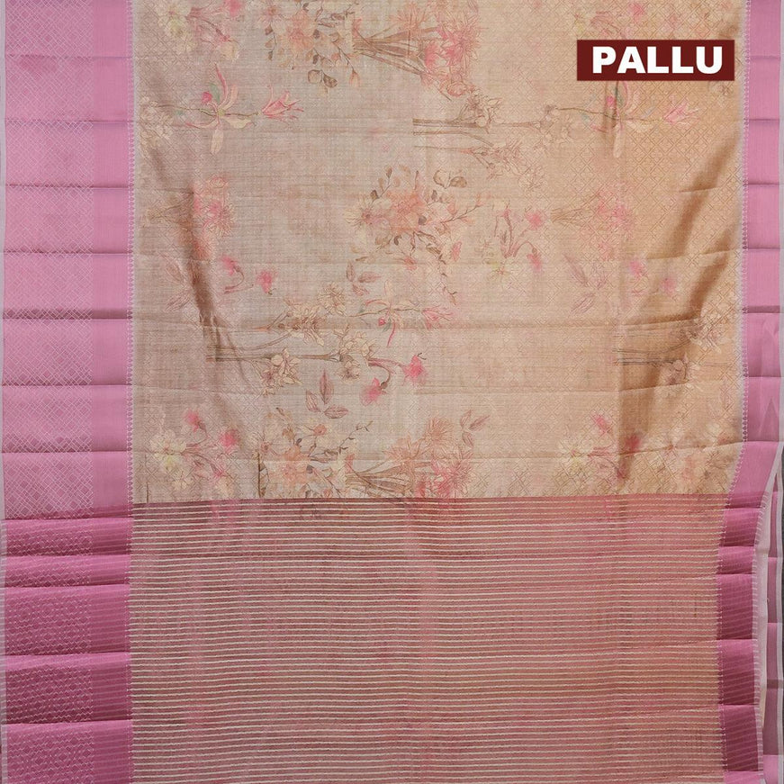 Semi tussar saree sandal and pastel pink with allover self emboss & floral digital prints and pink zari woven border - {{ collection.title }} by Prashanti Sarees