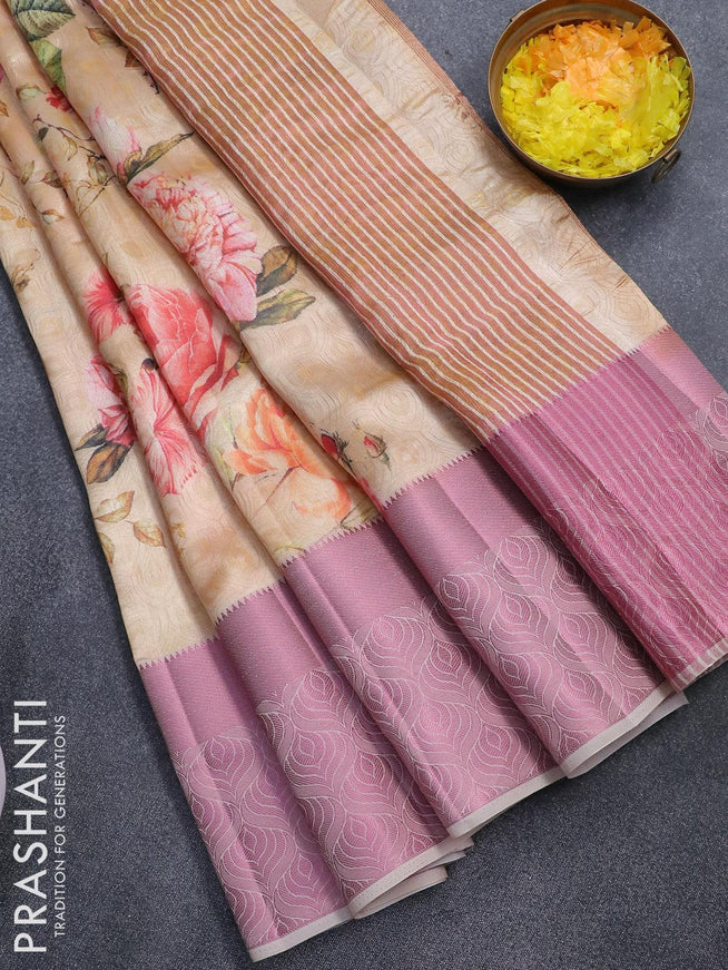 Semi tussar saree sandal with allover self emboss & floral digital prints and pink zari woven border - {{ collection.title }} by Prashanti Sarees