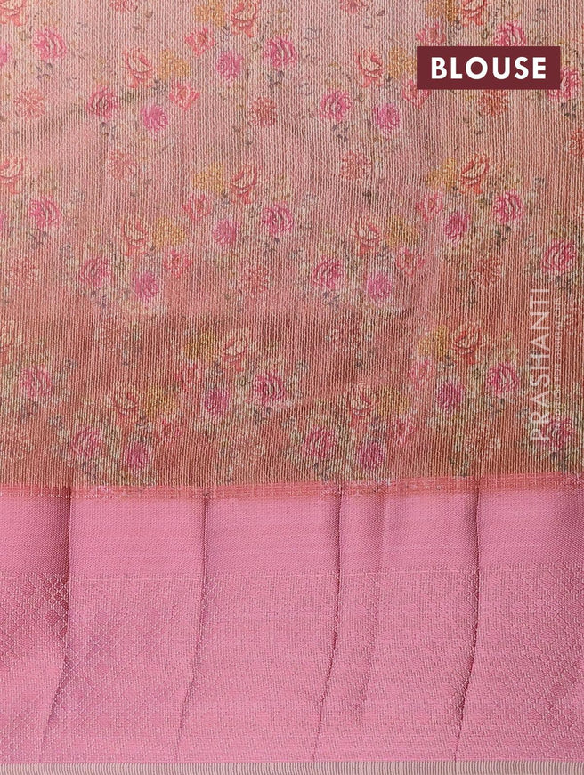 Semi tussar saree sandal with allover self emboss & floral digital prints and pink zari woven border - {{ collection.title }} by Prashanti Sarees