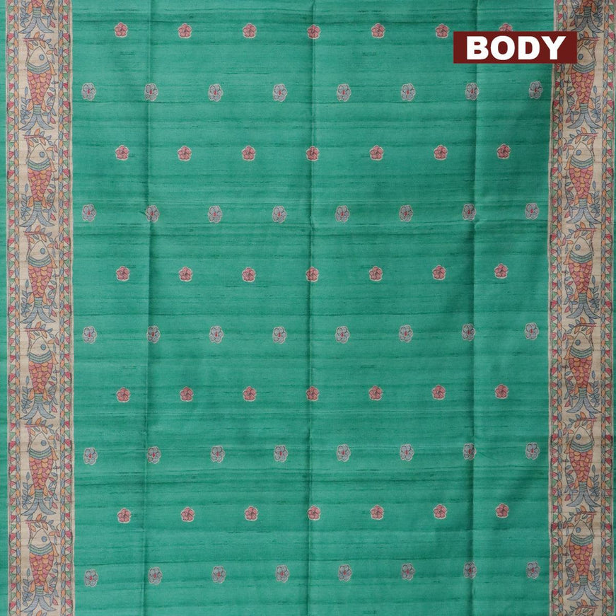 Semi tussar saree teal blue and beige with madhubani butta prints and madhubani printed border - {{ collection.title }} by Prashanti Sarees