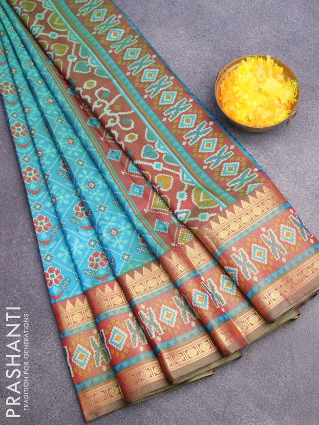 Semi tussar saree teal blue and dual shade of maroon with allover ikat prints and zari woven ikat border - {{ collection.title }} by Prashanti Sarees