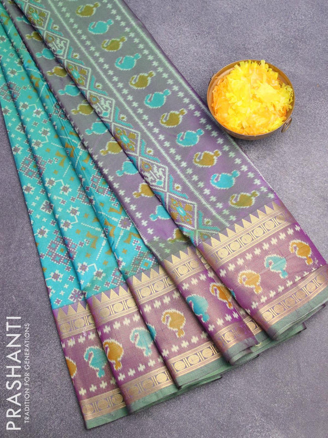 Semi tussar saree teal blue and dual shade of purple with allover ikat prints and zari woven ikat border - {{ collection.title }} by Prashanti Sarees