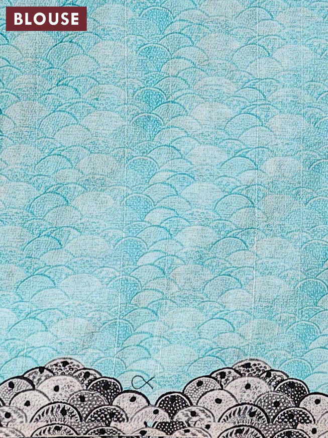 Semi tussar saree teal blue and grey with kalamkari prints & french knot work and printed border - {{ collection.title }} by Prashanti Sarees