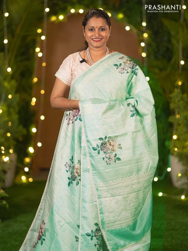 Semi tussar saree teal blue with allover floral digital prints and crocia lace work border - {{ collection.title }} by Prashanti Sarees