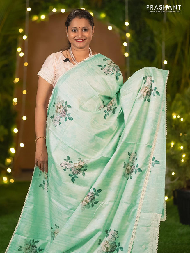 Semi tussar saree teal blue with allover floral digital prints and crocia lace work border - {{ collection.title }} by Prashanti Sarees