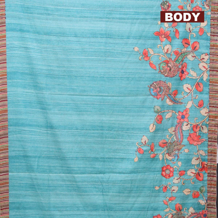 Semi tussar saree teal blue with kalamkari prints & french knot work and simple border - {{ collection.title }} by Prashanti Sarees