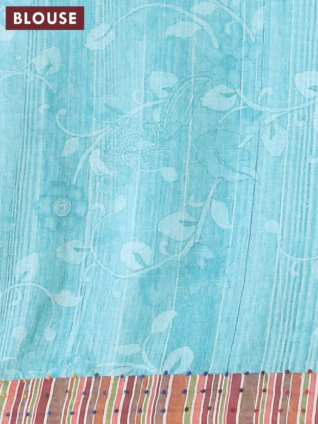 Semi tussar saree teal blue with kalamkari prints & french knot work and simple border - {{ collection.title }} by Prashanti Sarees