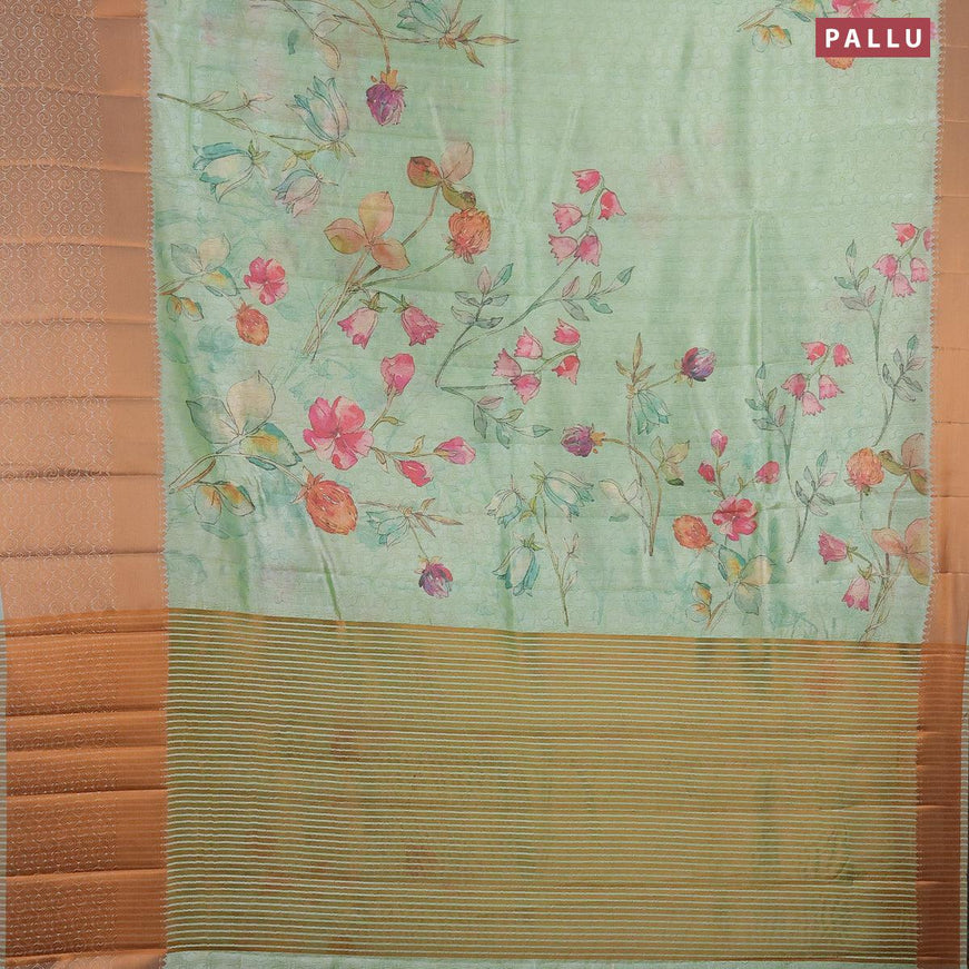 Semi tussar saree teal green shade with allover self emboss & floral digital prints and copper zari woven border - {{ collection.title }} by Prashanti Sarees