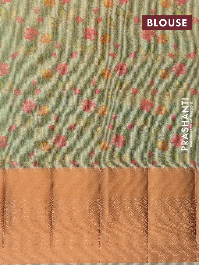 Semi tussar saree teal green shade with allover self emboss & floral digital prints and copper zari woven border - {{ collection.title }} by Prashanti Sarees
