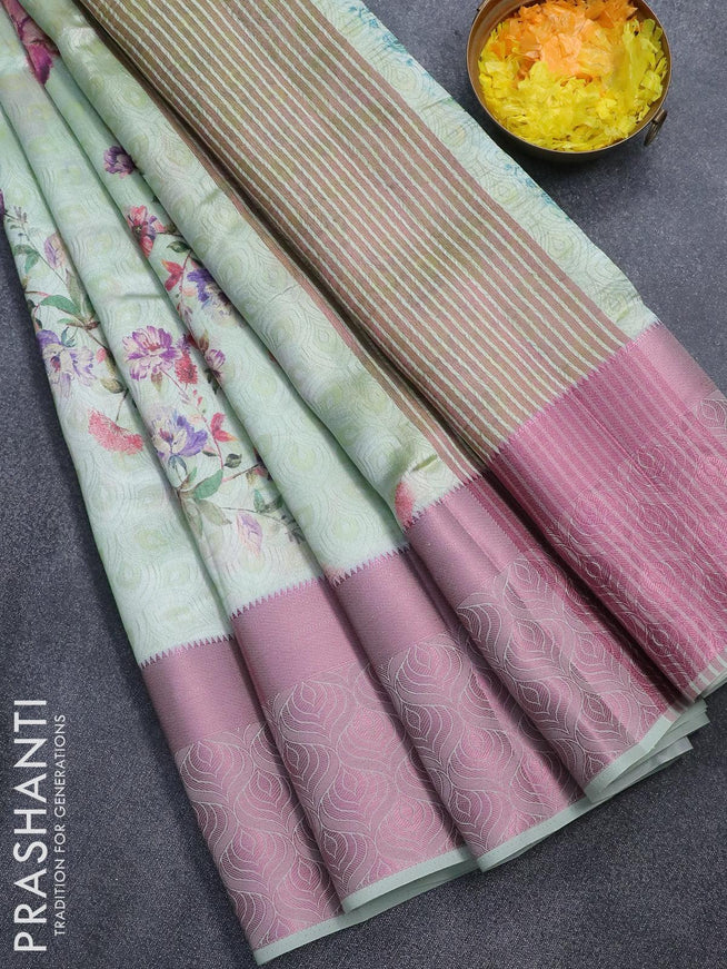 Semi tussar saree teal green shade with allover self emboss & floral digital prints and pink zari woven border - {{ collection.title }} by Prashanti Sarees