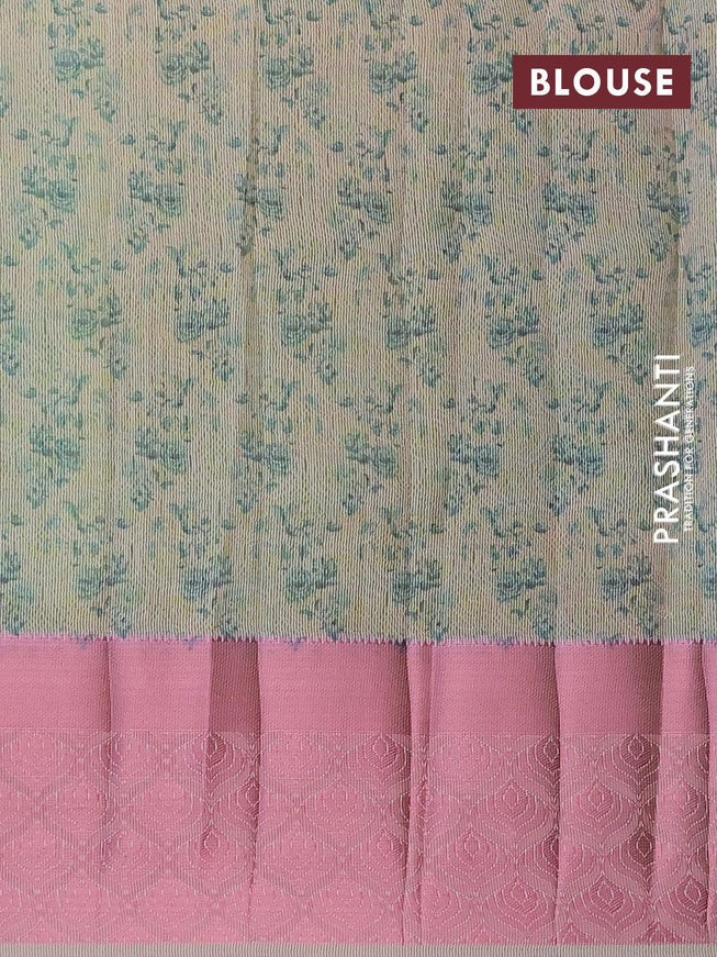 Semi tussar saree teal green shade with allover self emboss & floral digital prints and pink zari woven border - {{ collection.title }} by Prashanti Sarees