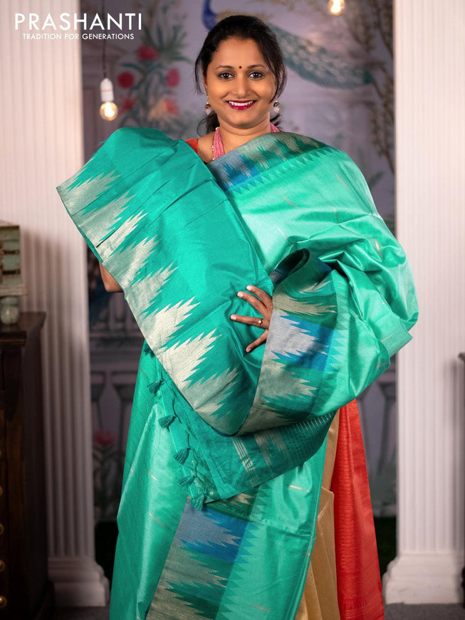 Semi tussar saree teal green shade with zari woven buttas and temple design zari woven border - {{ collection.title }} by Prashanti Sarees