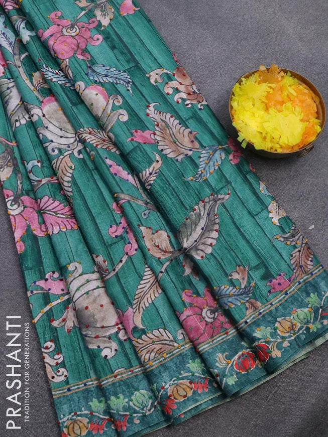 Semi tussar saree teal green with kalamkari prints & french knot work and printed border - {{ collection.title }} by Prashanti Sarees