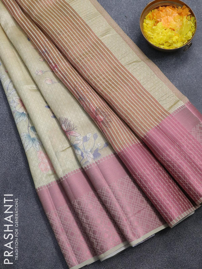 Semi tussar saree yellow shade with allover self emboss & floral digital prints and pink zari woven border - {{ collection.title }} by Prashanti Sarees