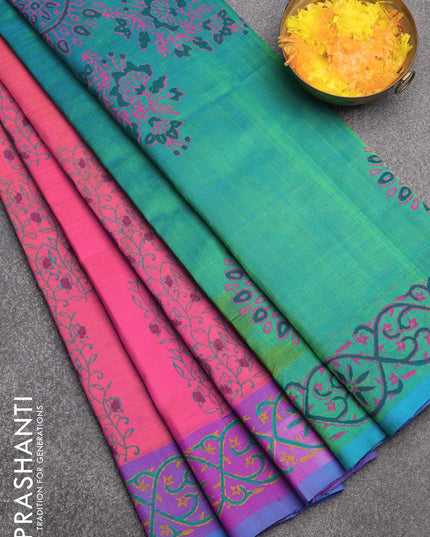 Silk cotton block printed saree dual shade of pink with allover prints and printed border - {{ collection.title }} by Prashanti Sarees